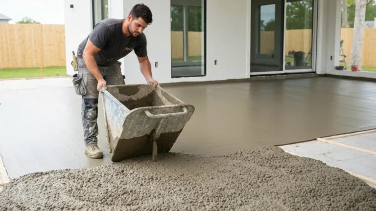 Wylewanie betonu samopoziomującego na przygotowaną posadzkę z użyciem paczki wyrównawczej