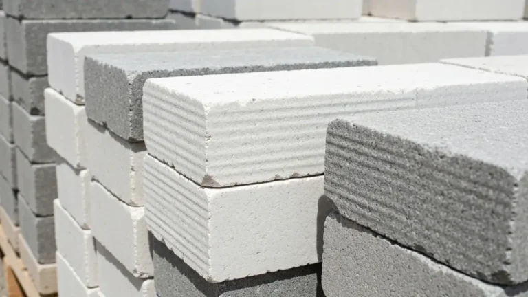 Cegły silikatowe ułożone w stercie na budowie, widoczne są białe i szare kolory, zdjęcie zbliżeniowe pokazujące strukturę i powierzchnię materiału