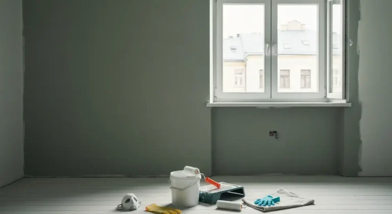 Otwarte wiadro bialej farby lateksowej, walek, rekawice i maska przeciwpylowa na podlodze w wietrzonym pokoju podczas ma