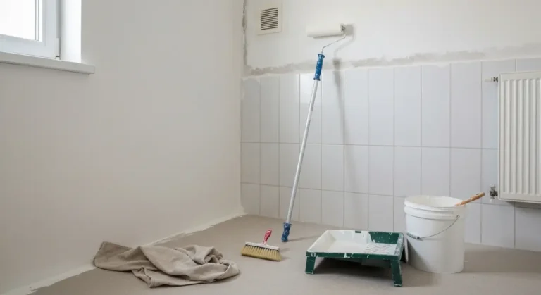 Naroznik lazienki w bloku podczas malowania farba antygrzybicza - walek, kuweta i wiadro bialej farby przy scianie