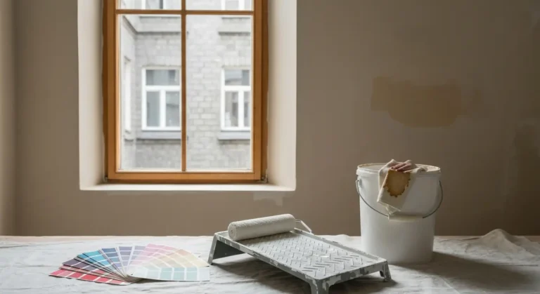 Swiezo pomalowana matowa sciana w mieszkaniu, otwarte wiadro farby ceramicznej, walek na kuwecie i wzorniki kolorow