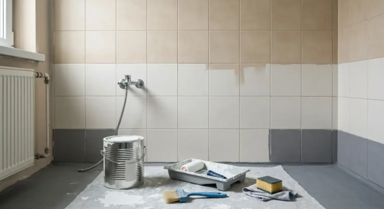Stare beżowe płytki w łazience częściowo pomalowane białą farbą renowacyjną, obok puszka farby, wałek i pędzel