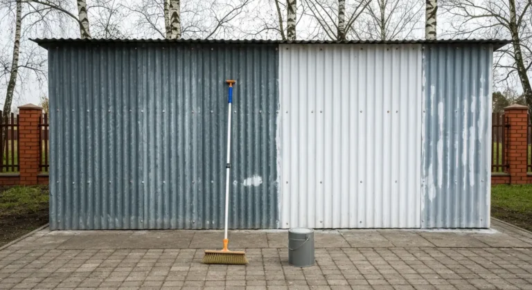 Blaszany garaz z ocynkowanej blachy trapezowej przygotowywany do malowania, obok szczotka druciana, walek i puszka farby