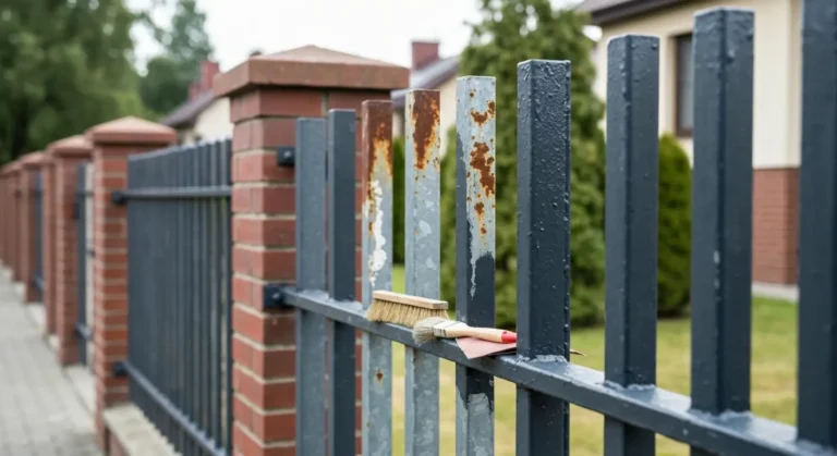 Metalowe ogrodzenie przed polskim domem jednorodzinnym w trakcie malowania - rdza i grafitowa farba antykorozyjna na szt