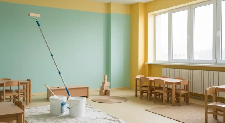 Swiezo pomalowana sala przedszkolna z walkiem malarskim i wiadrem farby wodorozcienczalnej przy niskich stolikach