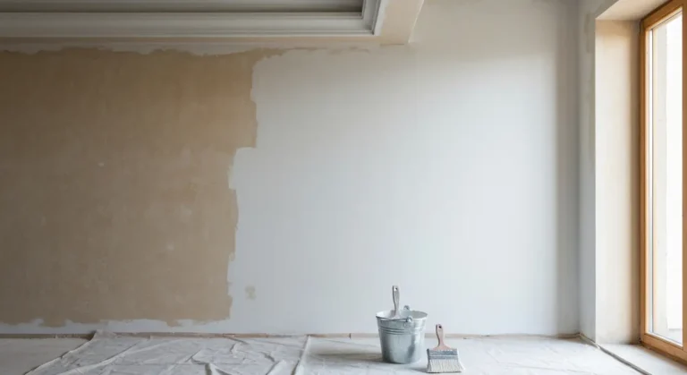 Matowa kredowa powloka farby klejowej na starym tynku w kamienicy, pedzel i wiadro z farba na podlodze