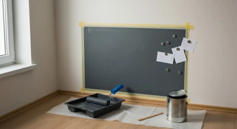 Fragment sciany w polskim mieszkaniu malowany grafitowa farba magnetyczna walkiem, obok puszka farby i magnesy trzymajac