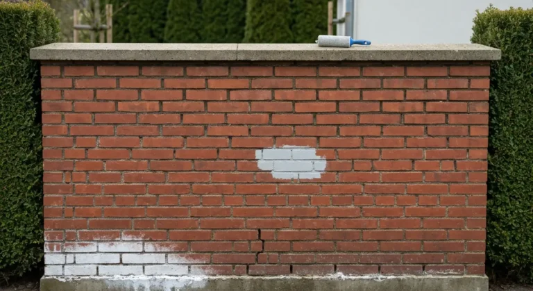 Mur z czerwonego klinkieru z widocznymi fugami, wykwitami i probka szarej farby oraz walkiem malarskim