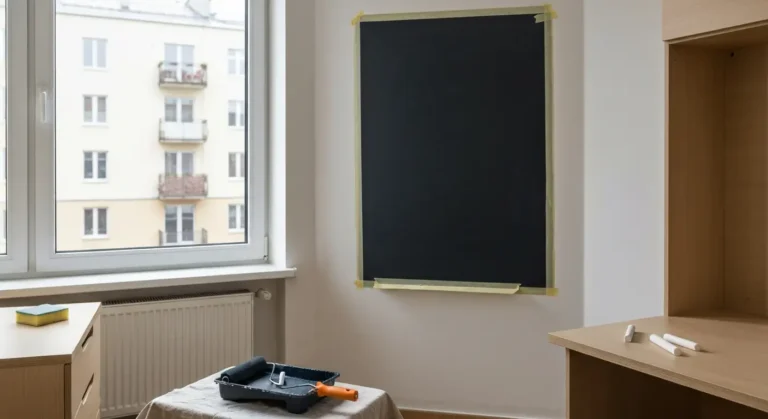Pokoj dziecka z pomalowanym grafitowa farba tablicowa panelem na scianie, walek, taca z farba i kreda na biurku
