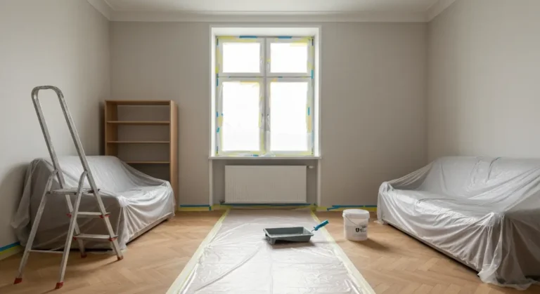 Pokoj w remoncie z podloga i meblami zakrytymi folia ochronna oraz oknem zabezpieczonym tasma malarska