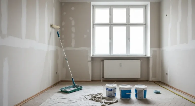 Pusty pokoj w remoncie z walkiem, kuwetka i wiadrami farby lateksowej oraz miarka przy listwie przypodlogowej