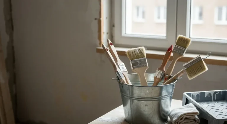 Pedzle malarskie plukane w wiadrze z woda, obok szmatka i kuweta na farbe w remontowanym pokoju