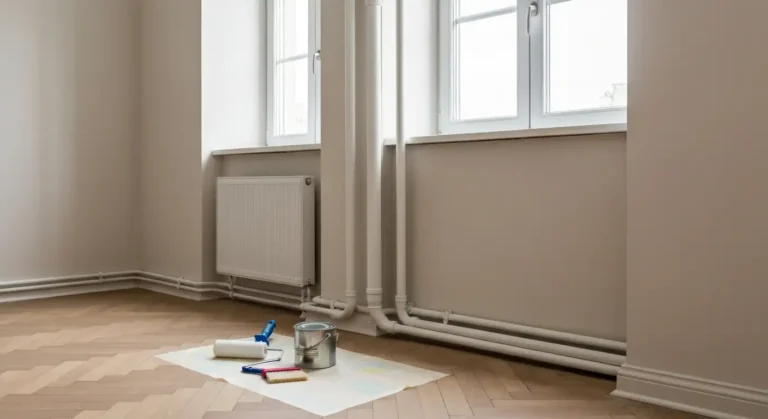 Pomalowane na bialo rury centralnego ogrzewania przy listwie przypodlogowej, obok walek, pedzel i puszka podkladu do met