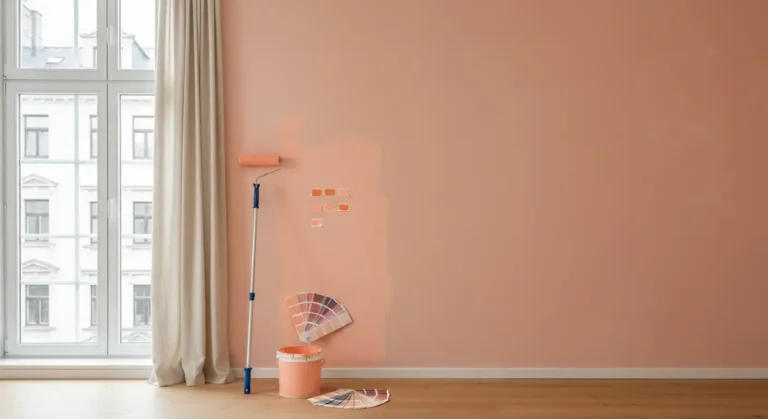 Ściana pokoju pomalowana na brzoskwiniowy Peach Fuzz, wałek malarski, wiadro farby i próbniki kolorów przy oknie