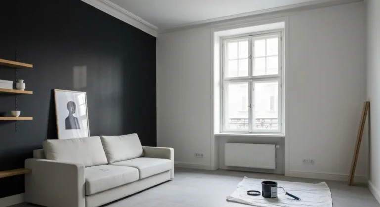 Salon z czarna sciana akcentowa za jasna sofa, obok walek i puszka czarnej farby przy oknie