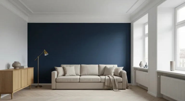 Salon z granatowa sciana akcentowa za lniana sofa, jasna debowa komoda i mosiezna lampa w swietle dziennym