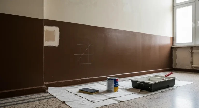 Stara lamperia z bledszczacej farby olejnej czesciowo zmatowiona, obok wałek, papier scierny i podkład sczepny