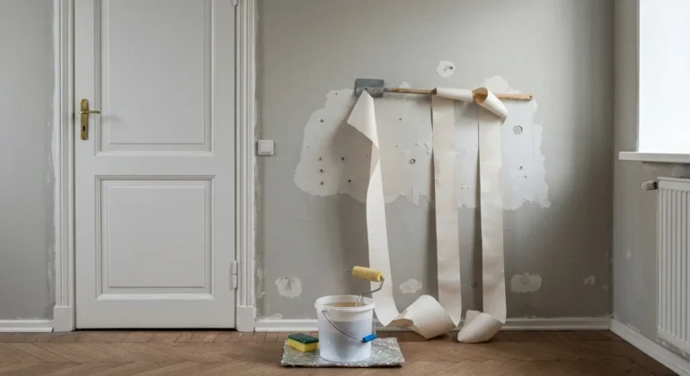 Szpachelka zdejmuje pasy starej tapety ze sciany w pustym pokoju, obok wiadro z woda i folia na podlodze